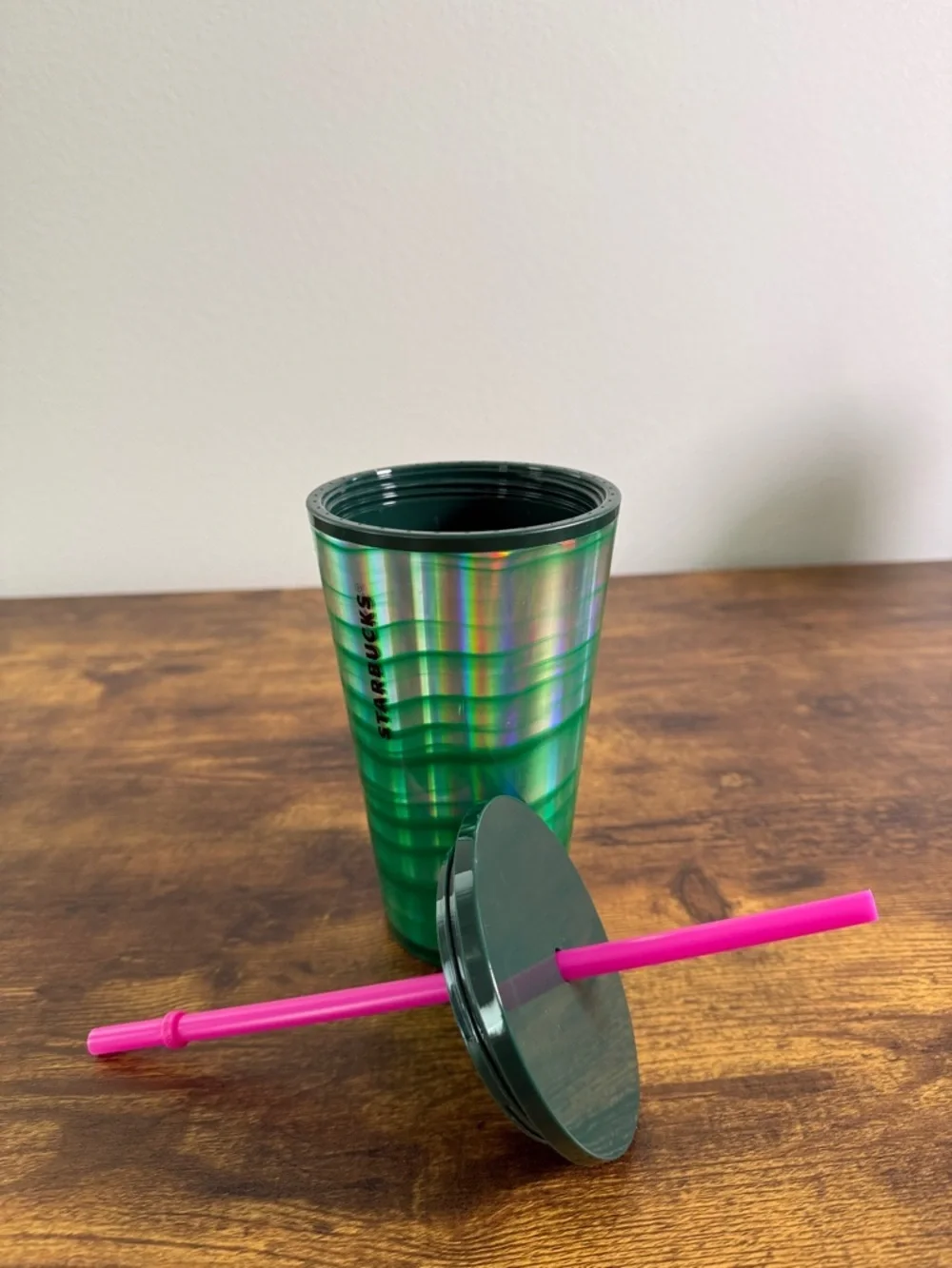NWT Starbucks Iridescent Green Tumbler with Pink Straw and Black Lid, 14 Oz